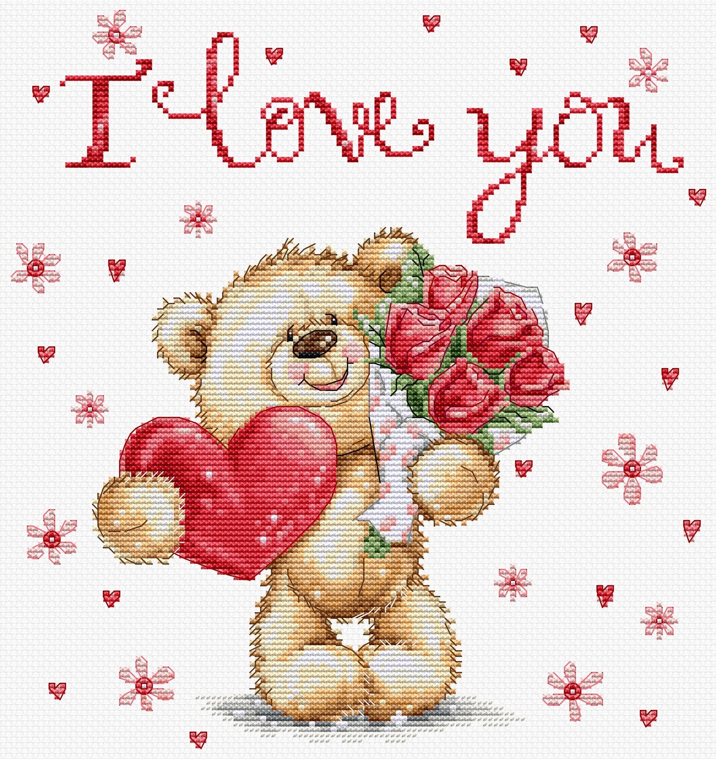 Cross-stitched design of a teddy bear holding roses and a heart with 'I love you' text.