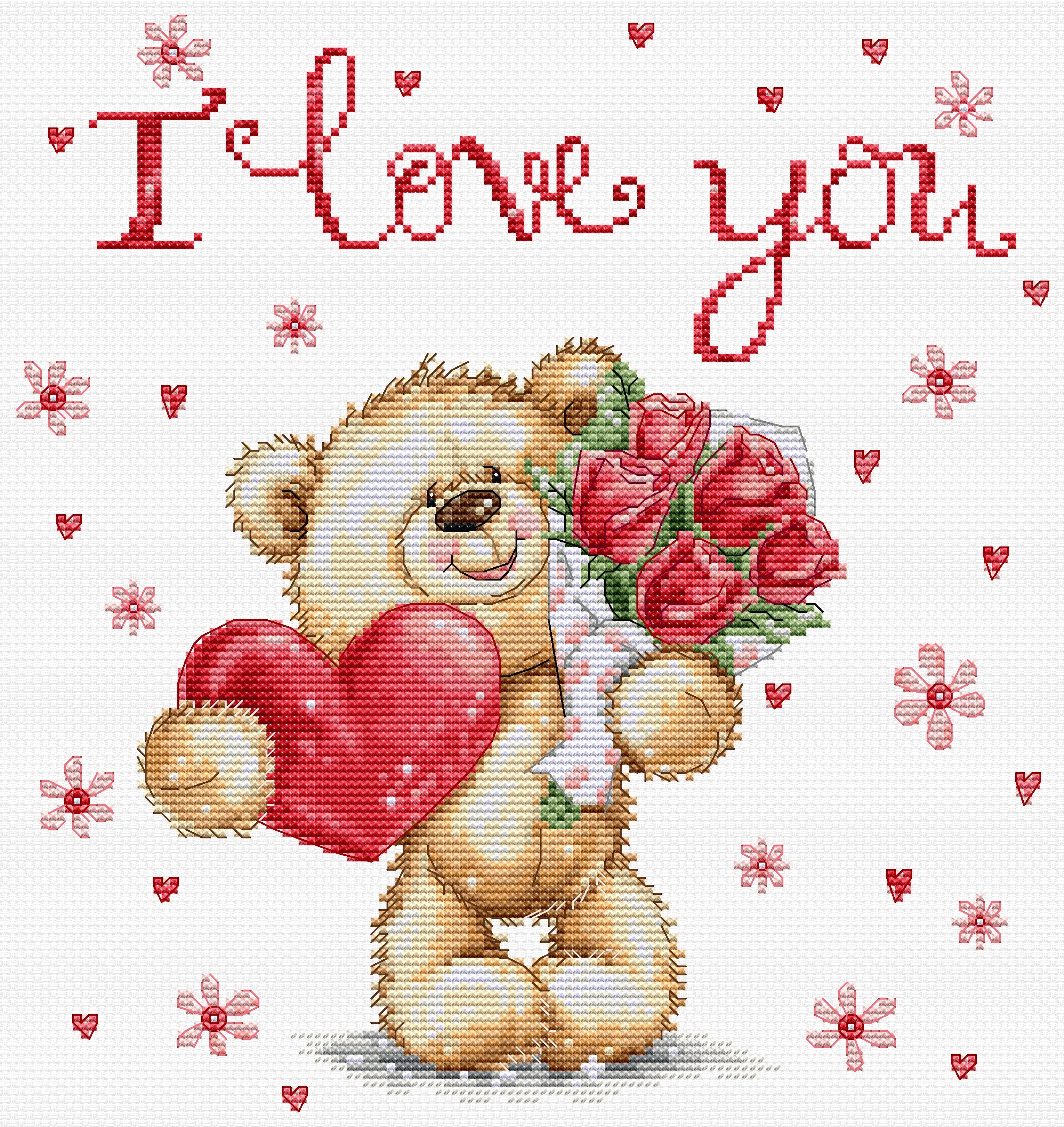 Cross-stitched design of a teddy bear holding roses and a heart with 'I love you' text.