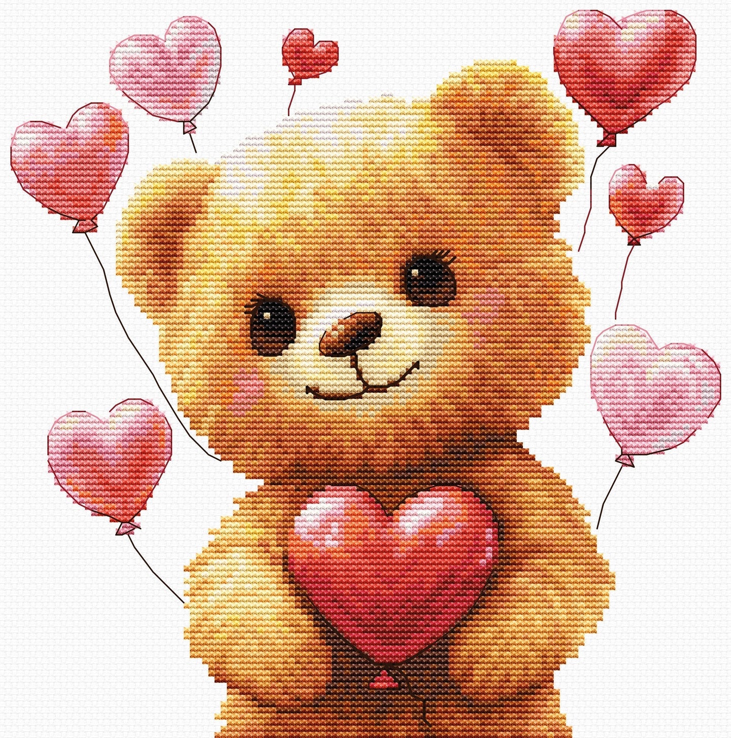 Cross-stitched teddy bear with heart balloons on a white background