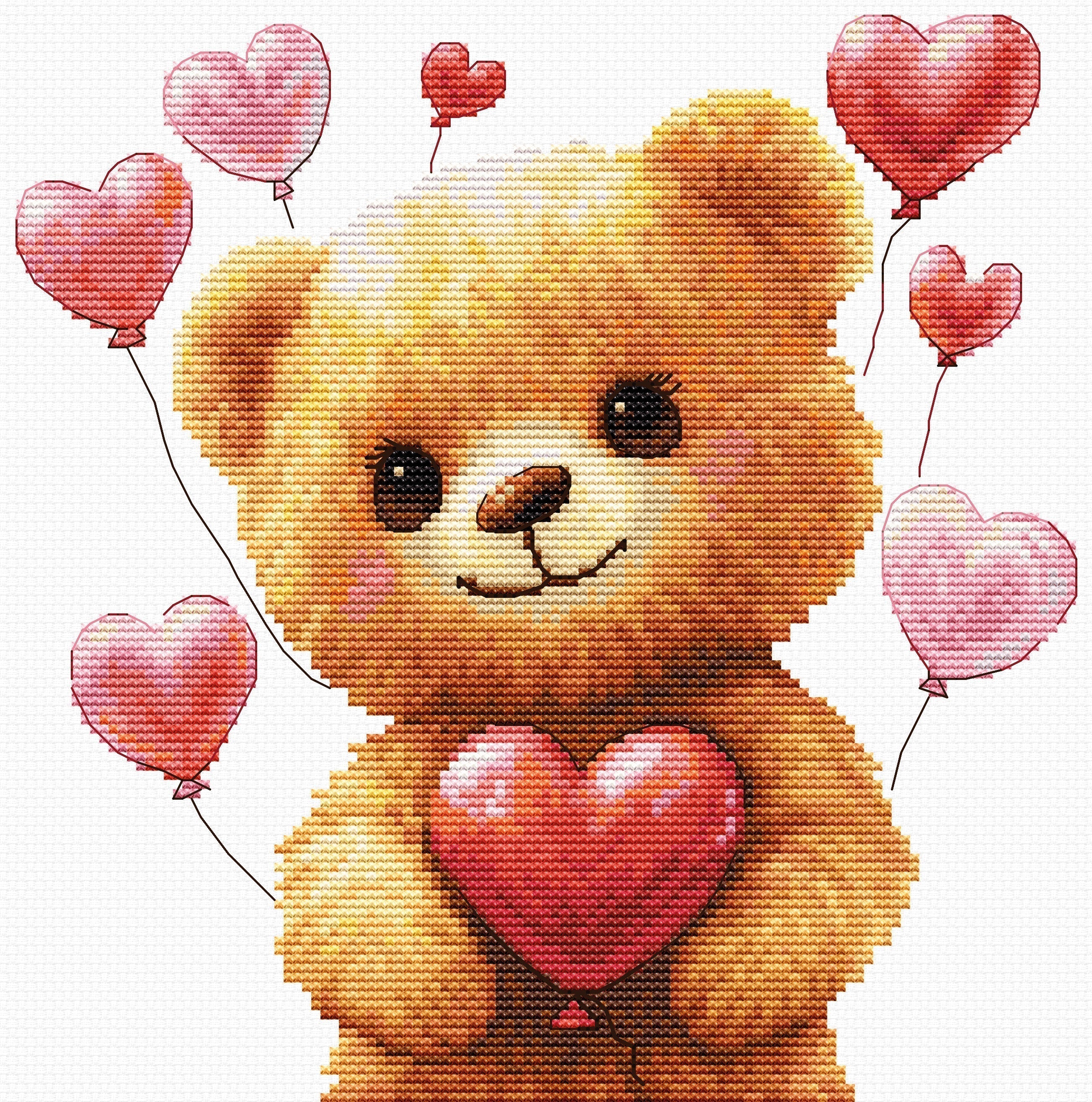 Cross-stitched teddy bear with heart balloons on a white background