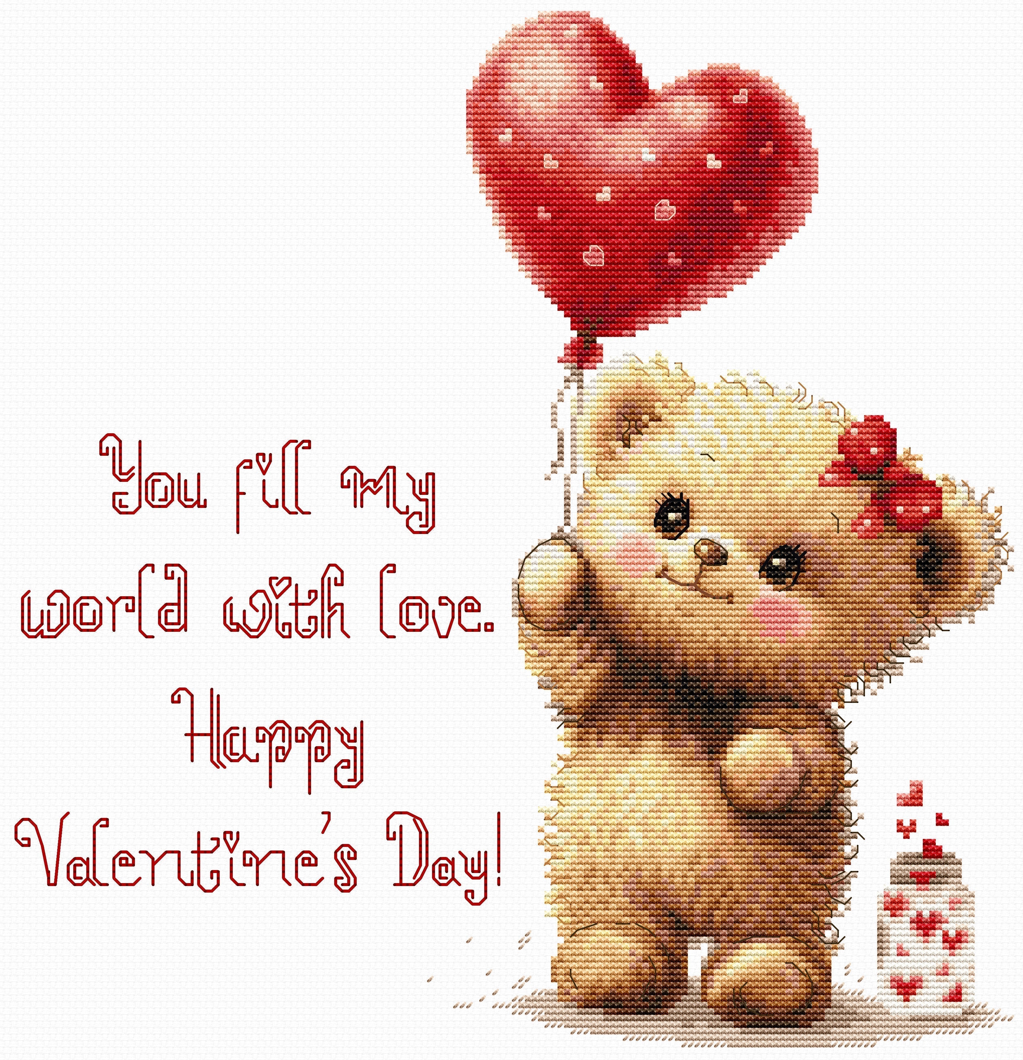 Teddy bear with a heart balloon and Valentine's Day message on a white background