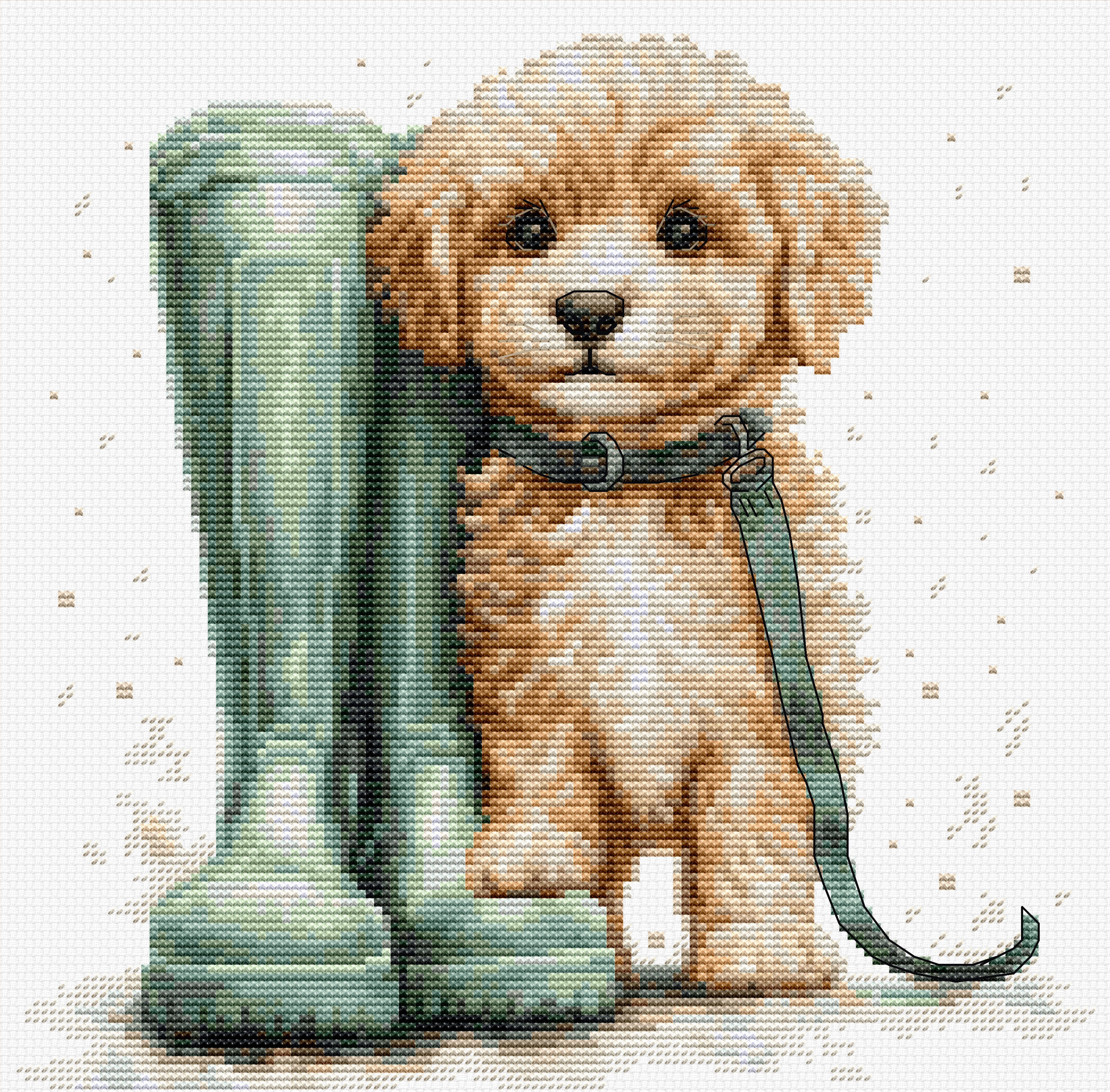 Cross-stitched puppy with a leash next to a lamp post on a white background