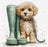 Cross-stitched puppy with a leash next to a lamp post on a white background