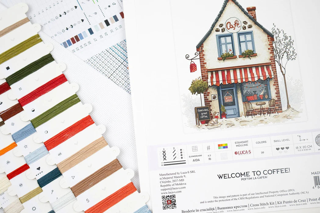 Color swatch book and cross-stitch pattern of a coffee shop with 'Lucas' branding.