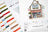 Color swatch book and cross-stitch pattern of a coffee shop with 'Lucas' branding.