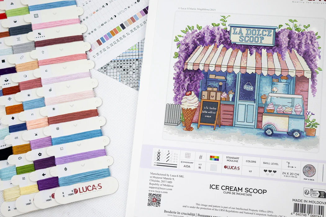Color swatch book and illustration of a ice cream shop with 'La Dolce Scoop' branding.