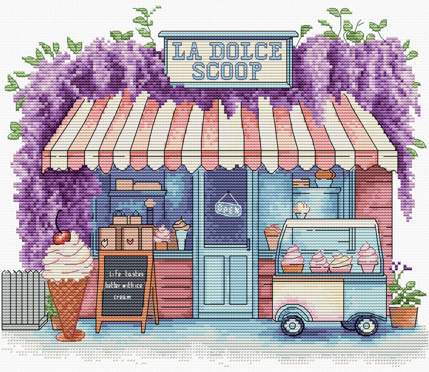 Illustration of an ice cream shop named 'La Dolce Scoop' with an ice cream truck and wisteria.