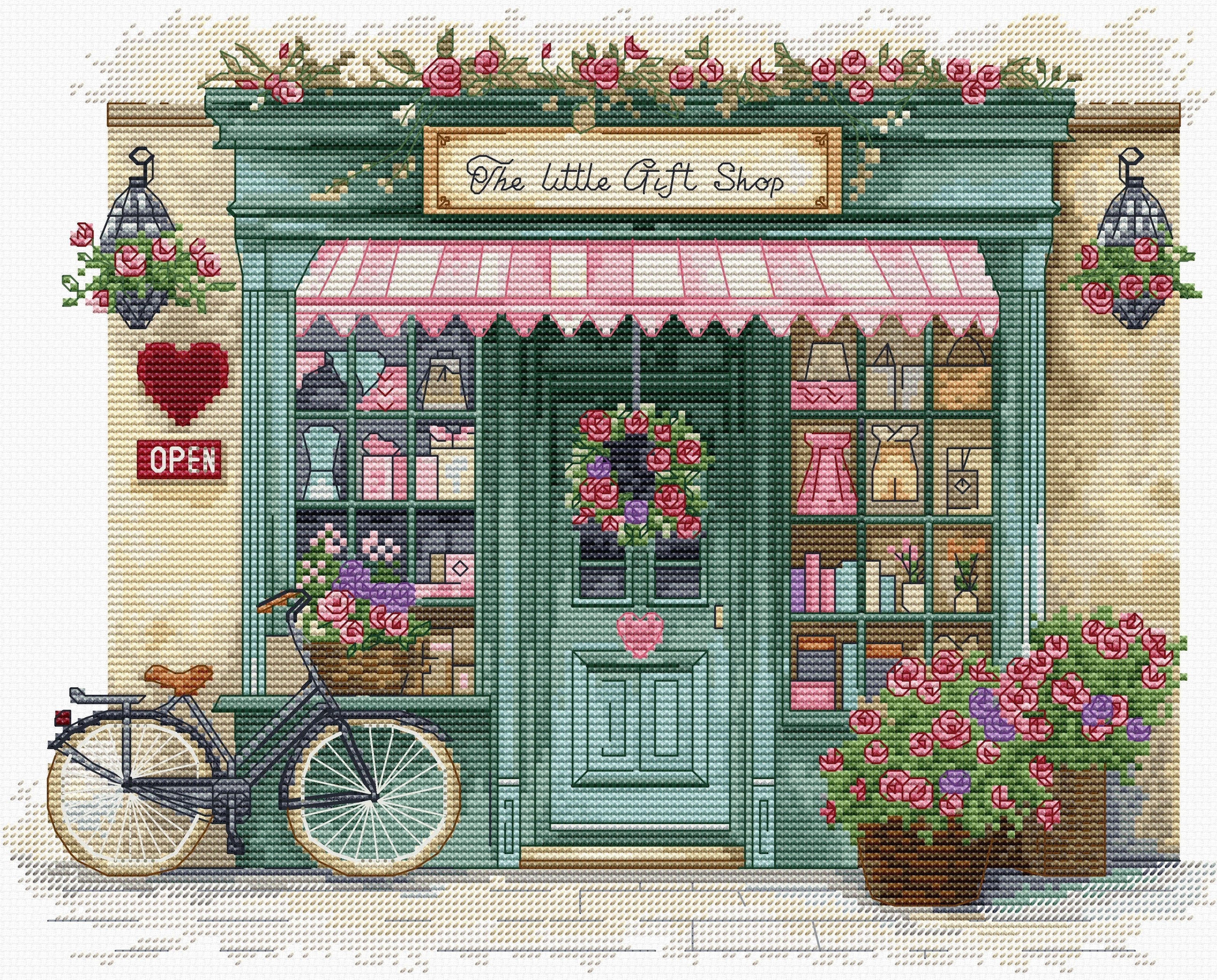 Illustration of a quaint gift shop with a bicycle in front