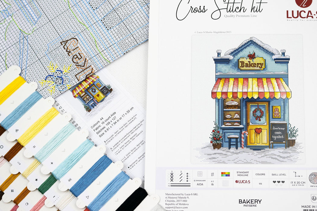 Cross stitch kit with a bakery design and pattern chart