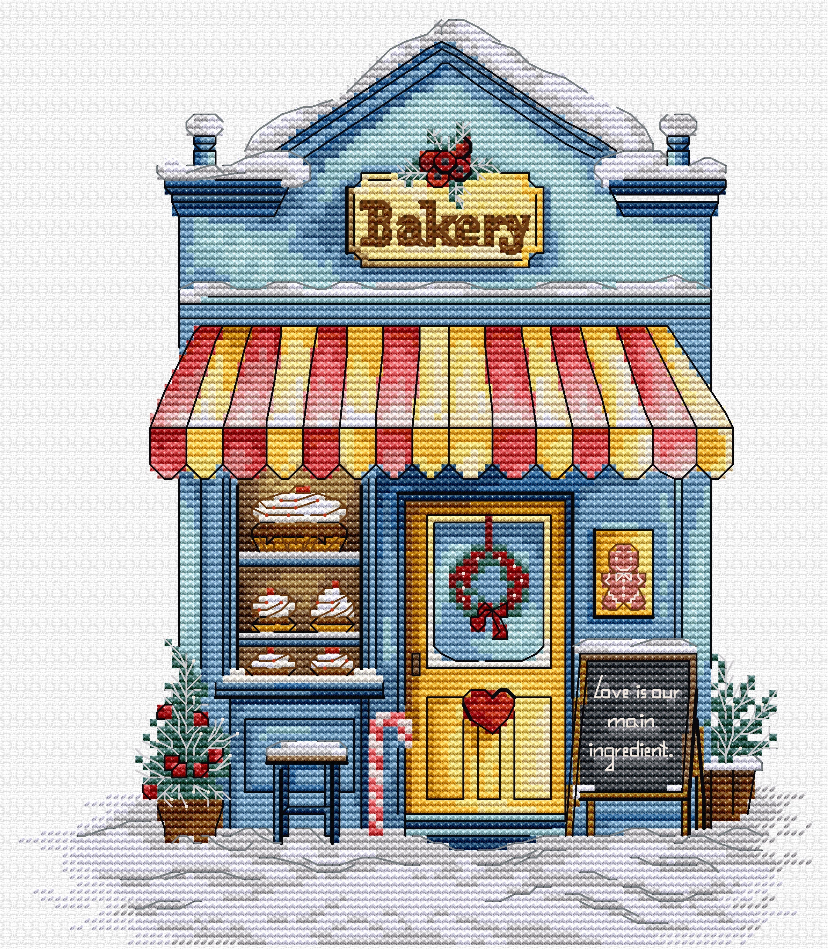 Cross-stitched design of a bakery with a colorful awning and shelves displaying pastries.