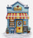 Cross-stitched design of a bakery with a colorful awning and shelves displaying pastries.