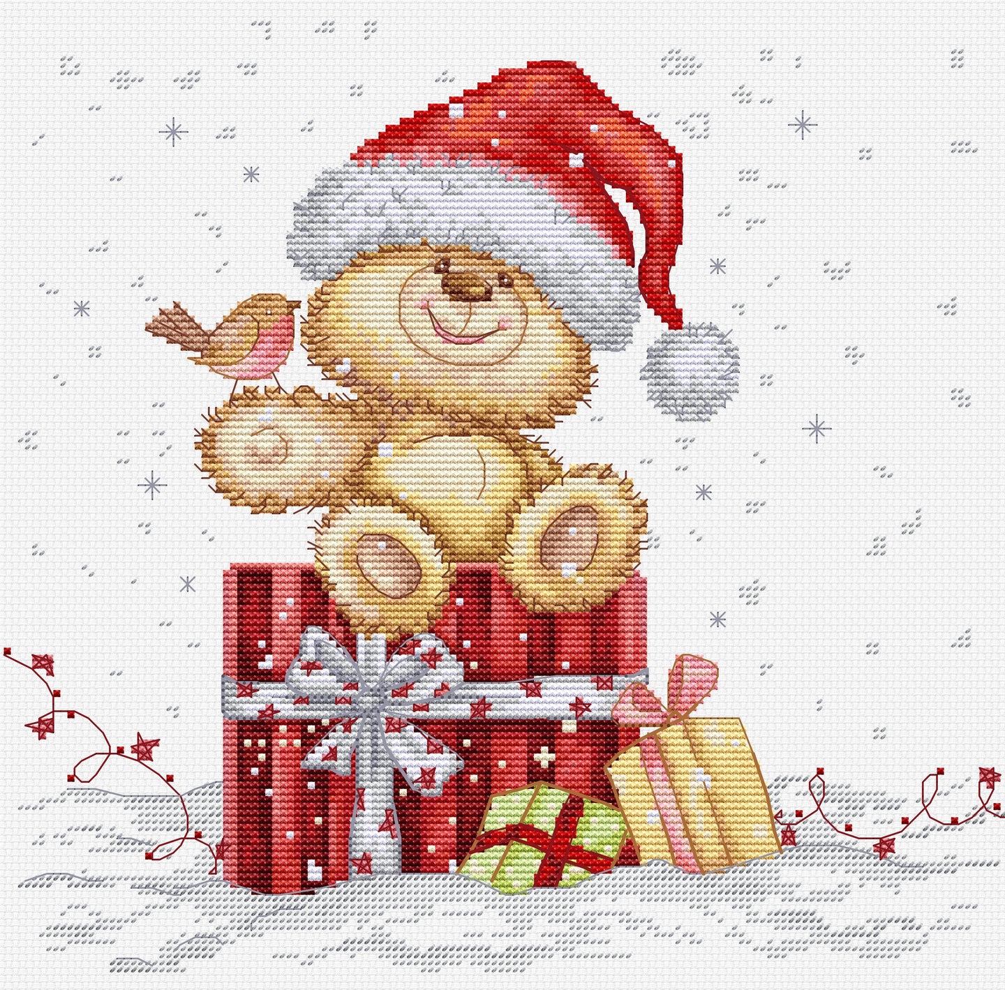 Cross-stitched design of a teddy bear with a Santa hat and presents on a white background.