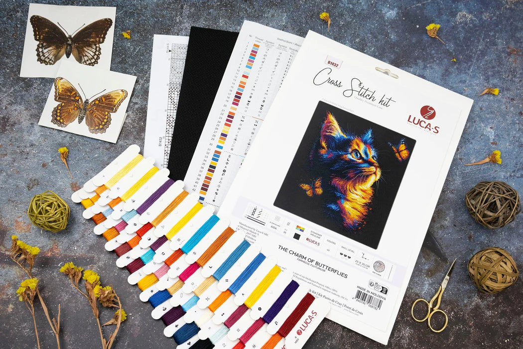 Cross stitch kit with butterfly design, threads, and tools on a textured surface.