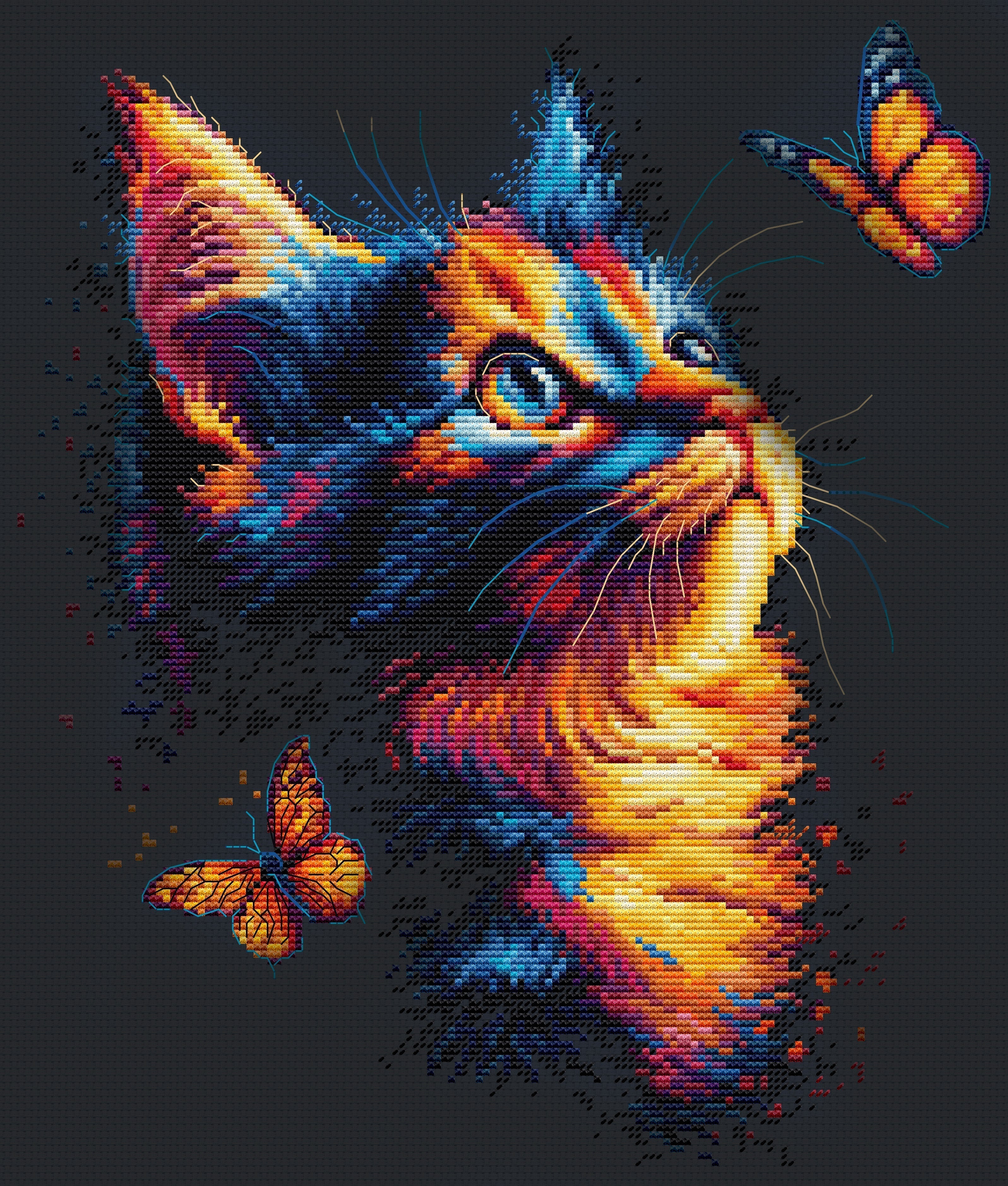 Colorful cat illustration with butterflies on a dark background