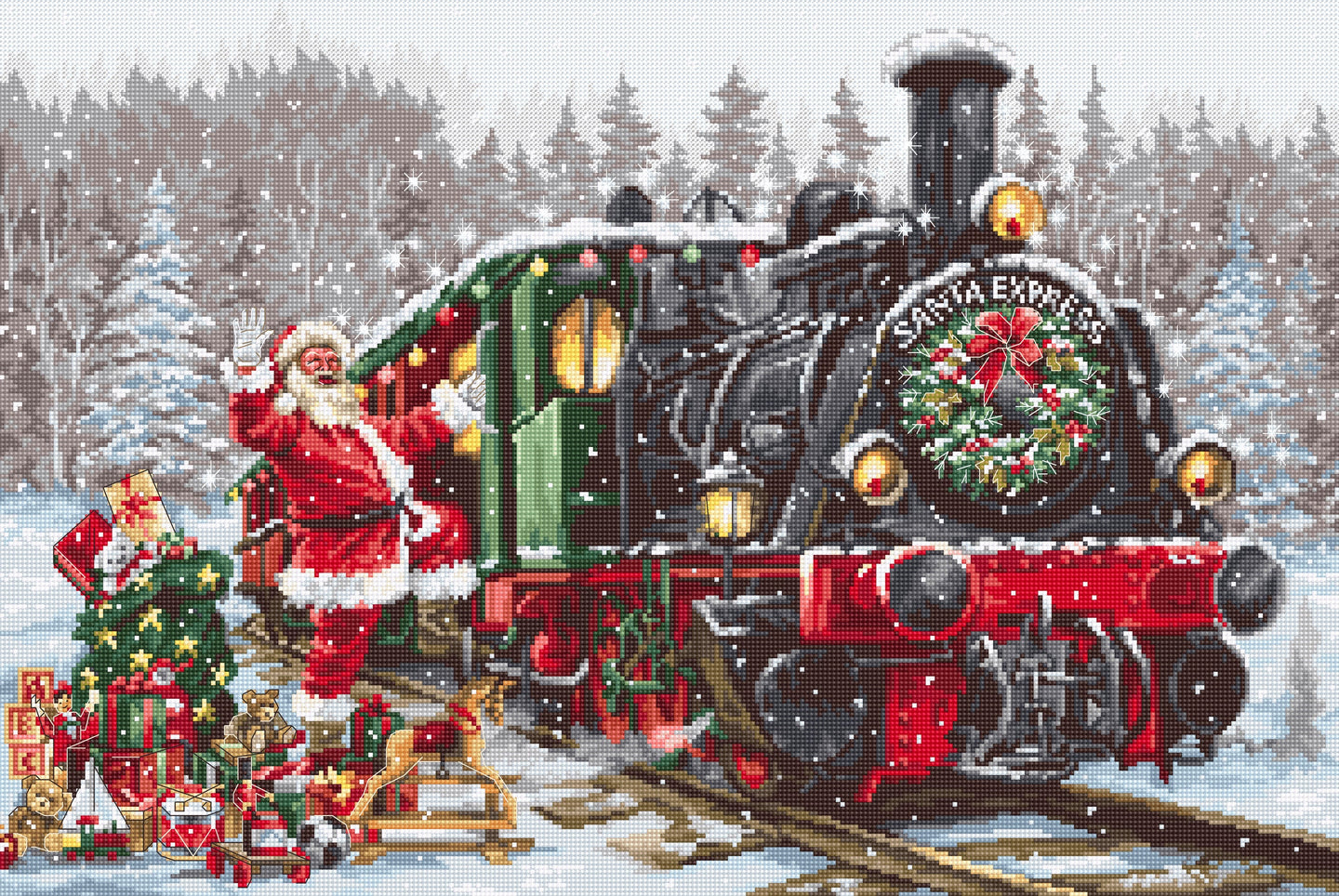 Christmas-themed train with Santa Claus on a snowy landscape