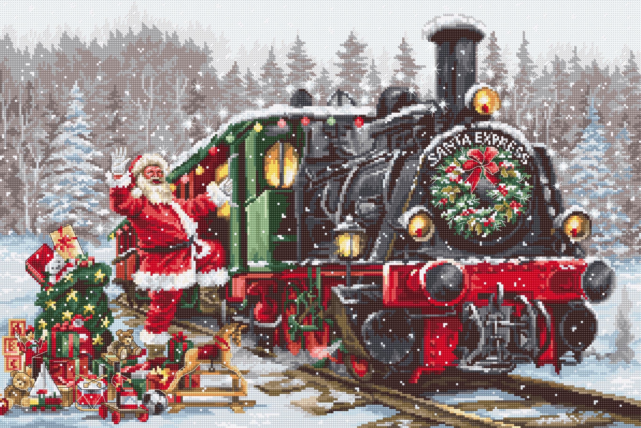Christmas-themed train with Santa Claus on a snowy landscape