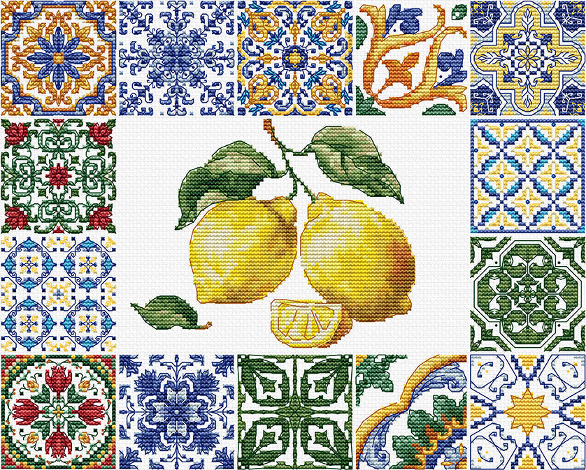 Decorative tiles with lemons and floral patterns