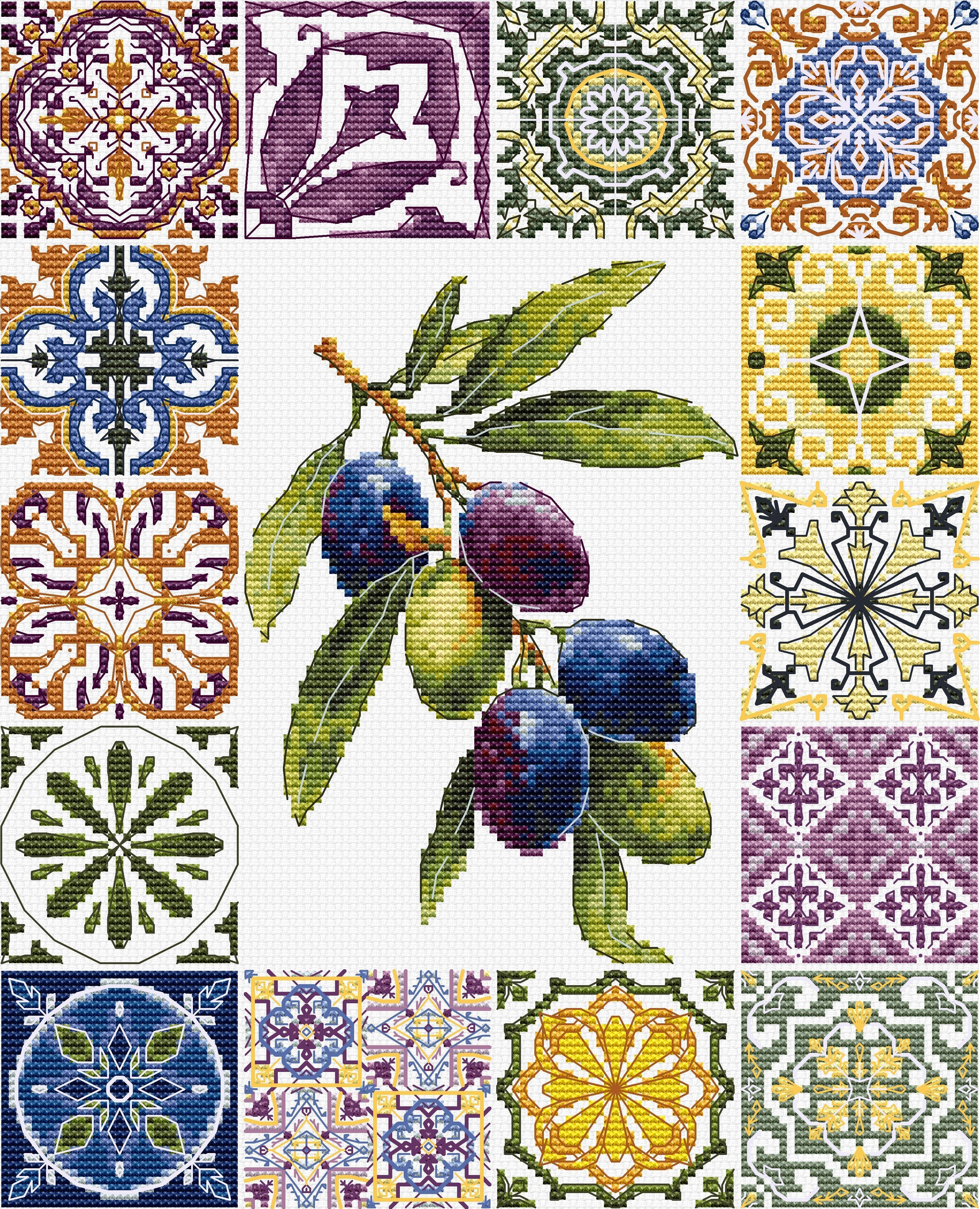 Collage of decorative tiles with a central illustration of olives and leaves.