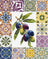Collage of decorative tiles with a central illustration of olives and leaves.