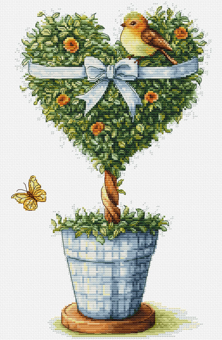 Cross-stitched design of a potted plant with a bird and butterfly on a white background