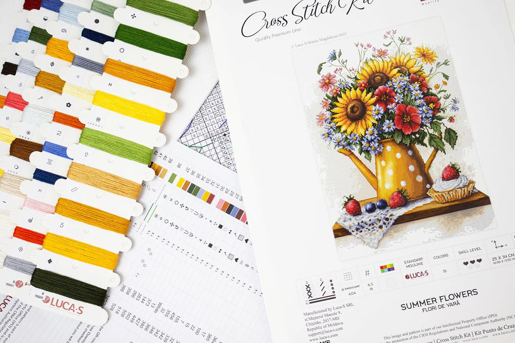 Cross stitch kit with color chart and design of a sunflower and flowers.