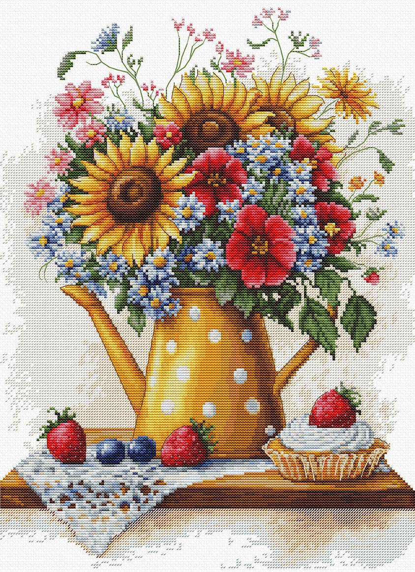 Cross-stitched design of a polka dot teapot with flowers and fruits on a white background