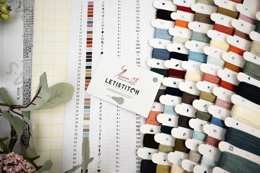 Collection of colorful thread spools with a Leistusschuh label on a white background