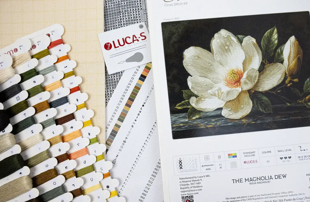 Embroidery thread set with a pattern sheet featuring a white flower design.