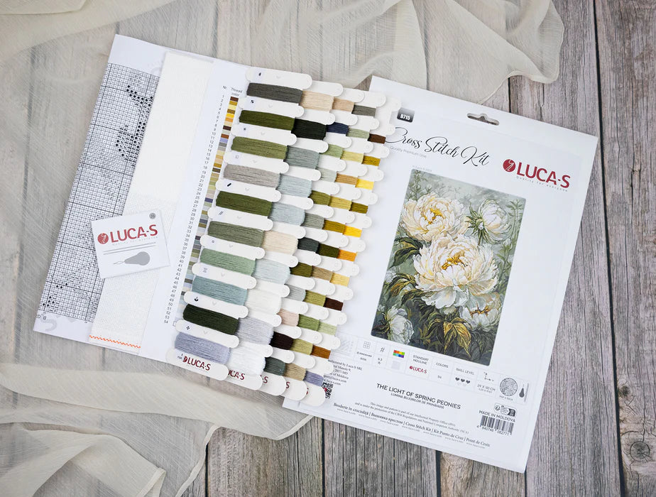 Cross stitch kit with color chart and design on a wooden surface