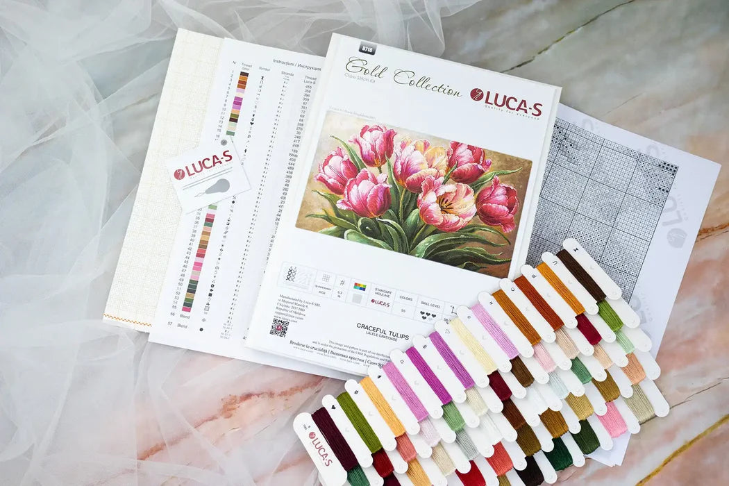 Lucas embroidery kit with color chart and thread packets on a marble surface