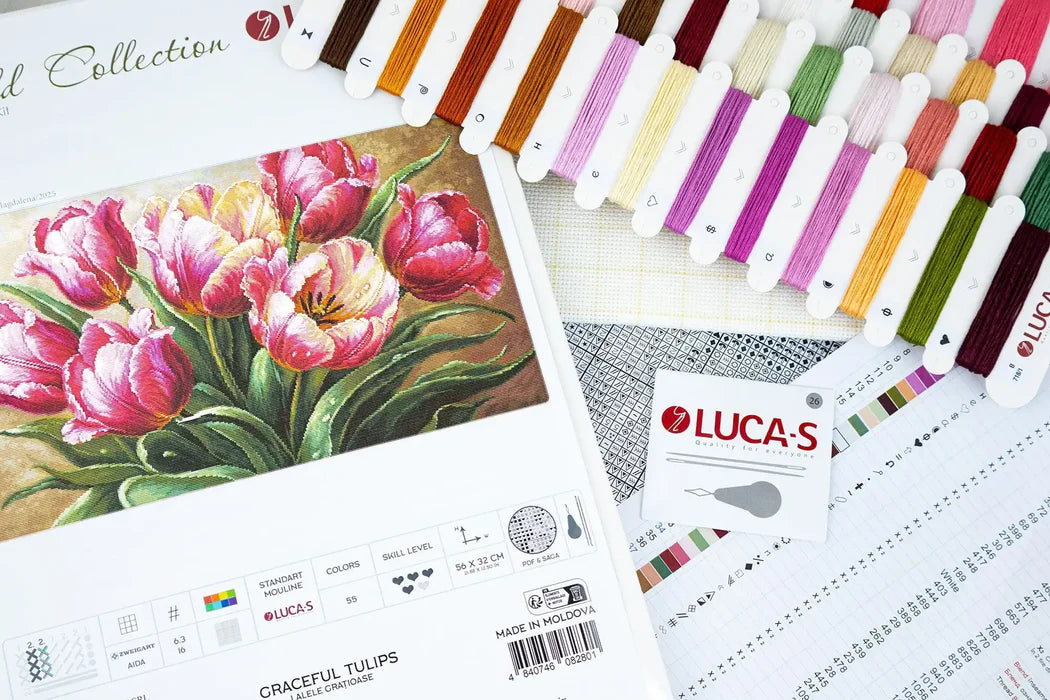 Lucas embroidery thread collection with a painting of tulips and thread color swatches.