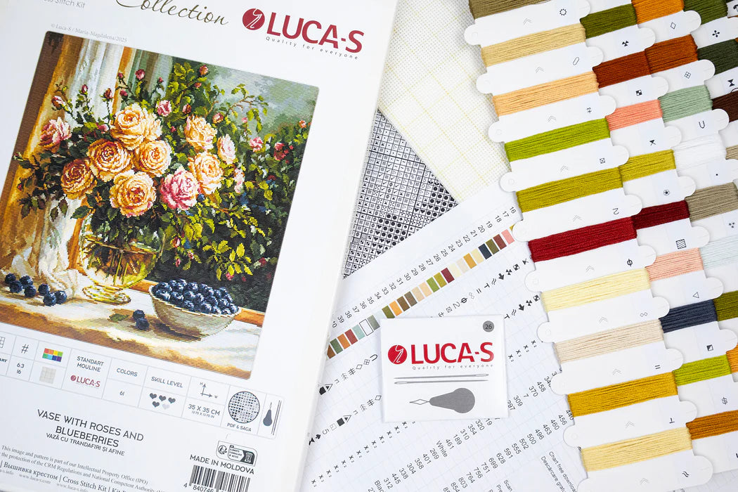 Cross Stitch Kit Luca-S GOLD - Vase with Roses and Blueberries, B719