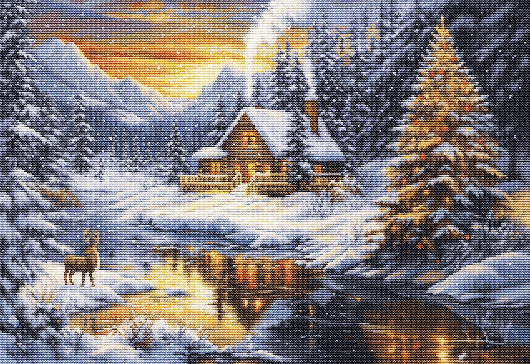 Winter scene with a cabin by a lake, surrounded by trees and deer.