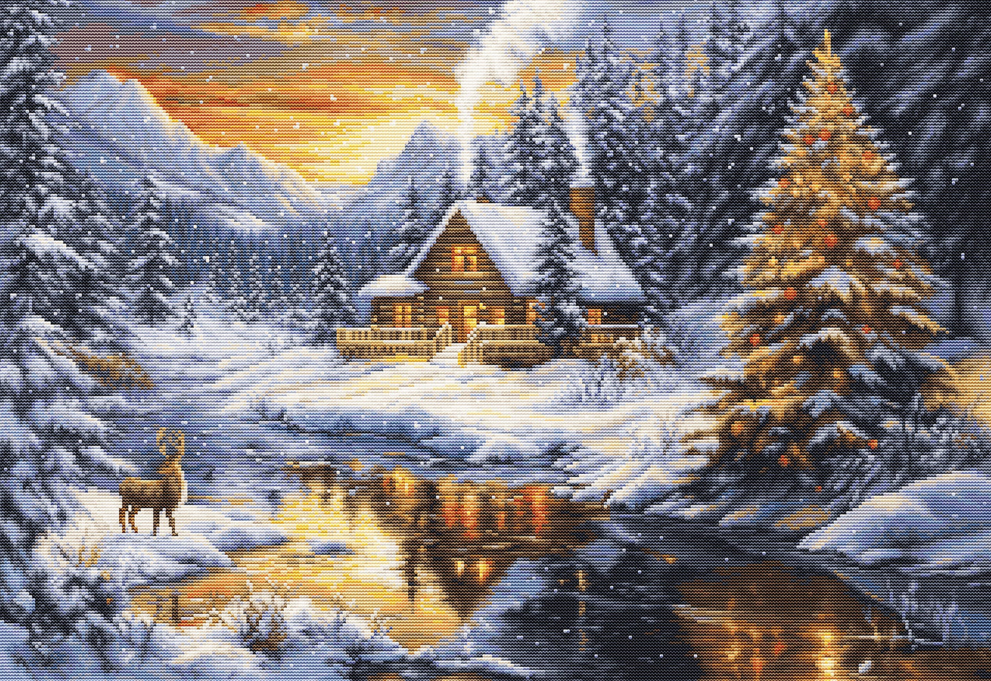 Winter scene with a cabin by a lake, surrounded by trees and deer.