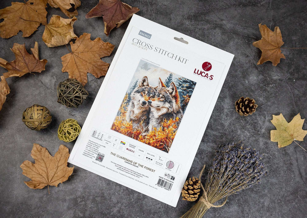 Cross stitch kit by Lucas on a gray surface with autumn leaves and pine cones.