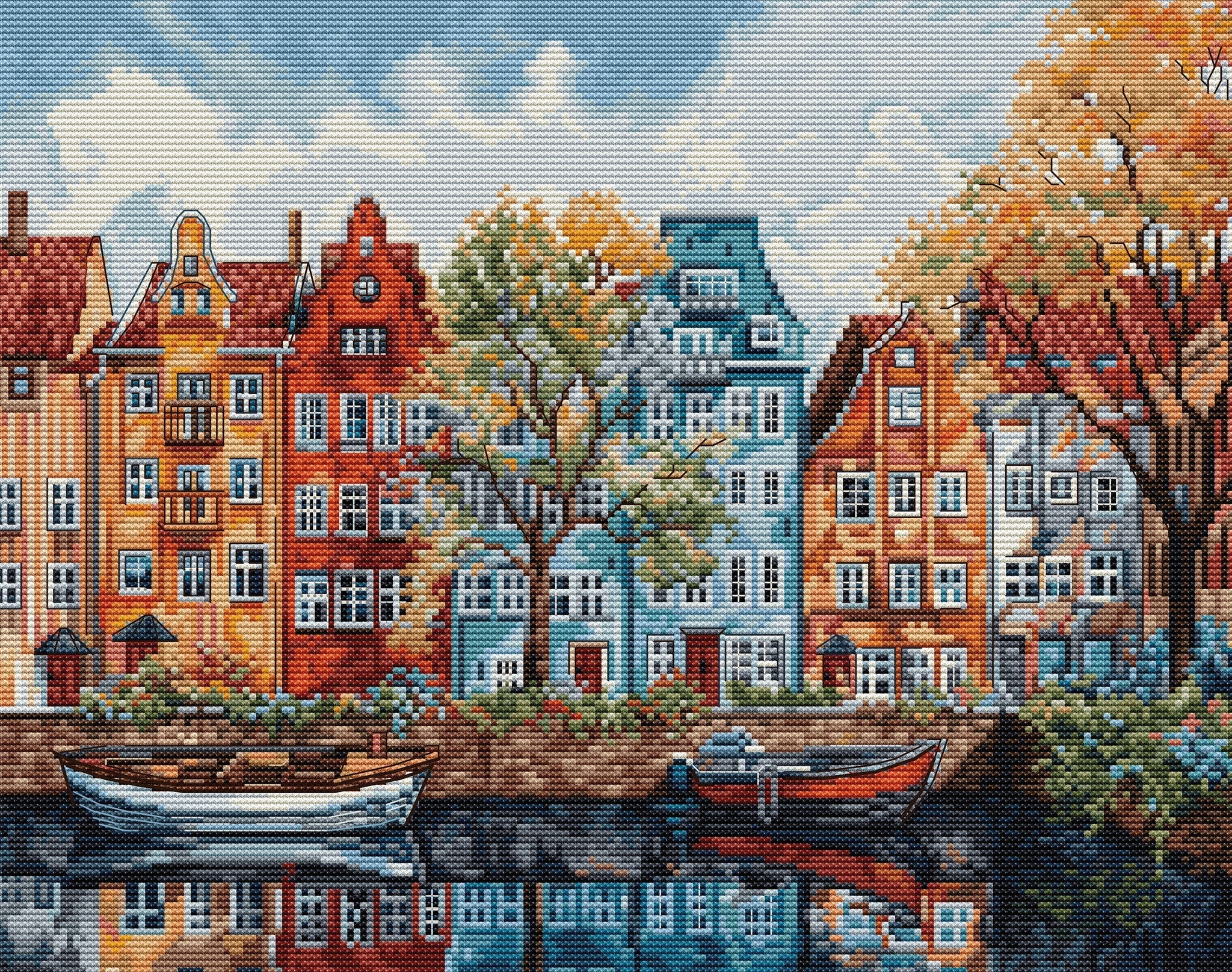 Painting of a canal scene with colorful houses and boats.