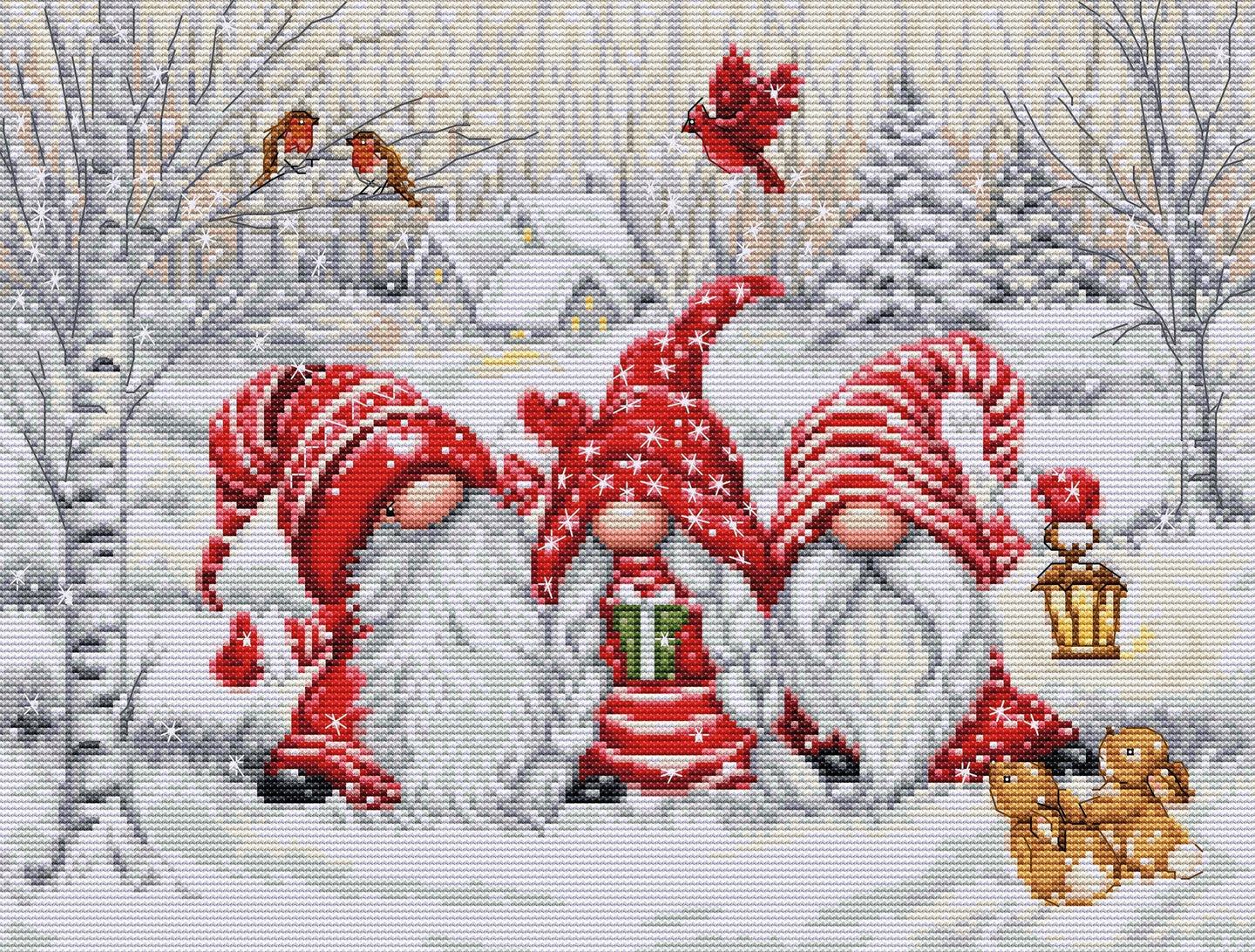 Cross-stitched design of three gnomes in a snowy landscape with a dog and birds.