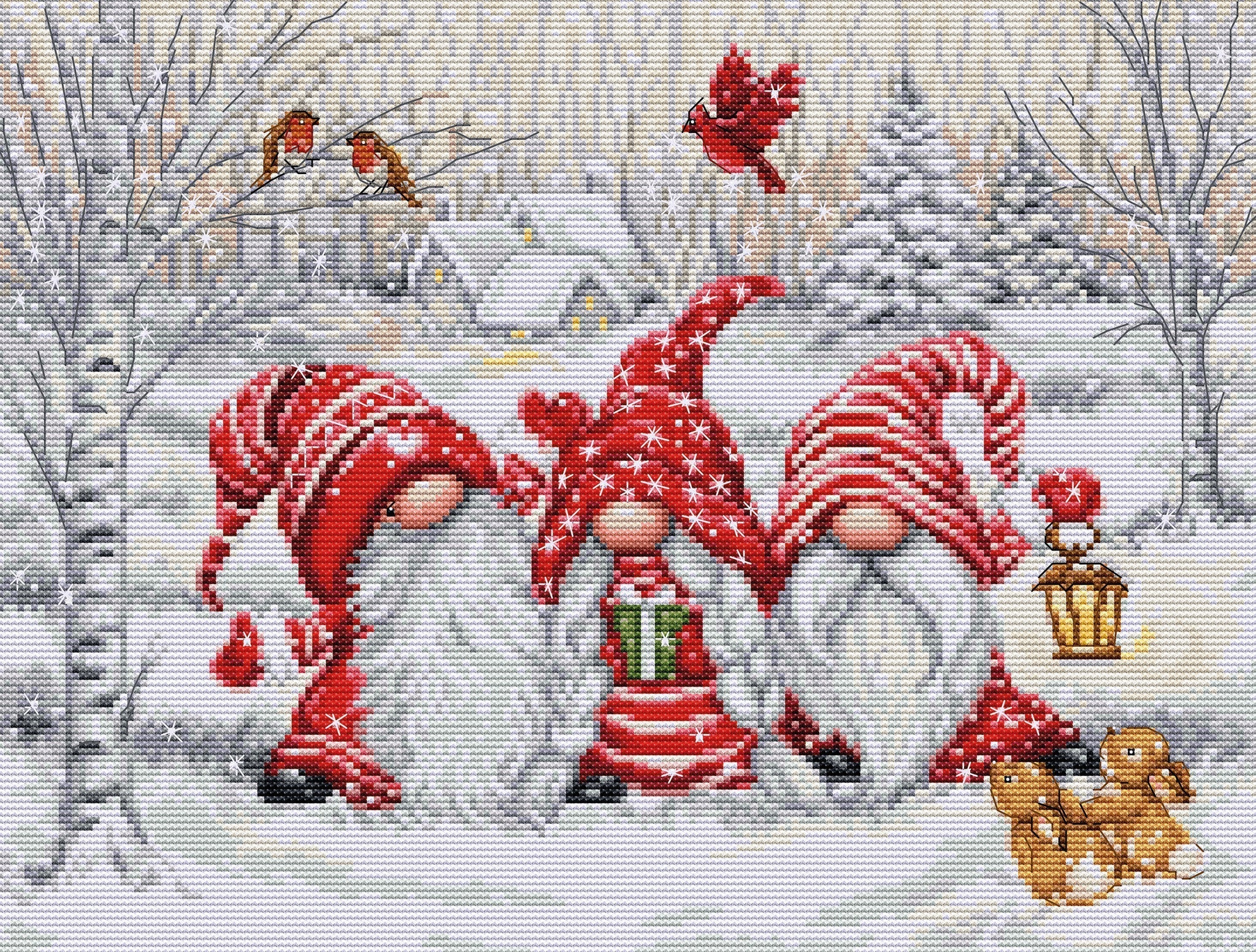 Cross-stitched design of three gnomes in a snowy landscape with a dog and birds.