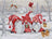 Cross-stitched design of three gnomes in a snowy landscape with a dog and birds.