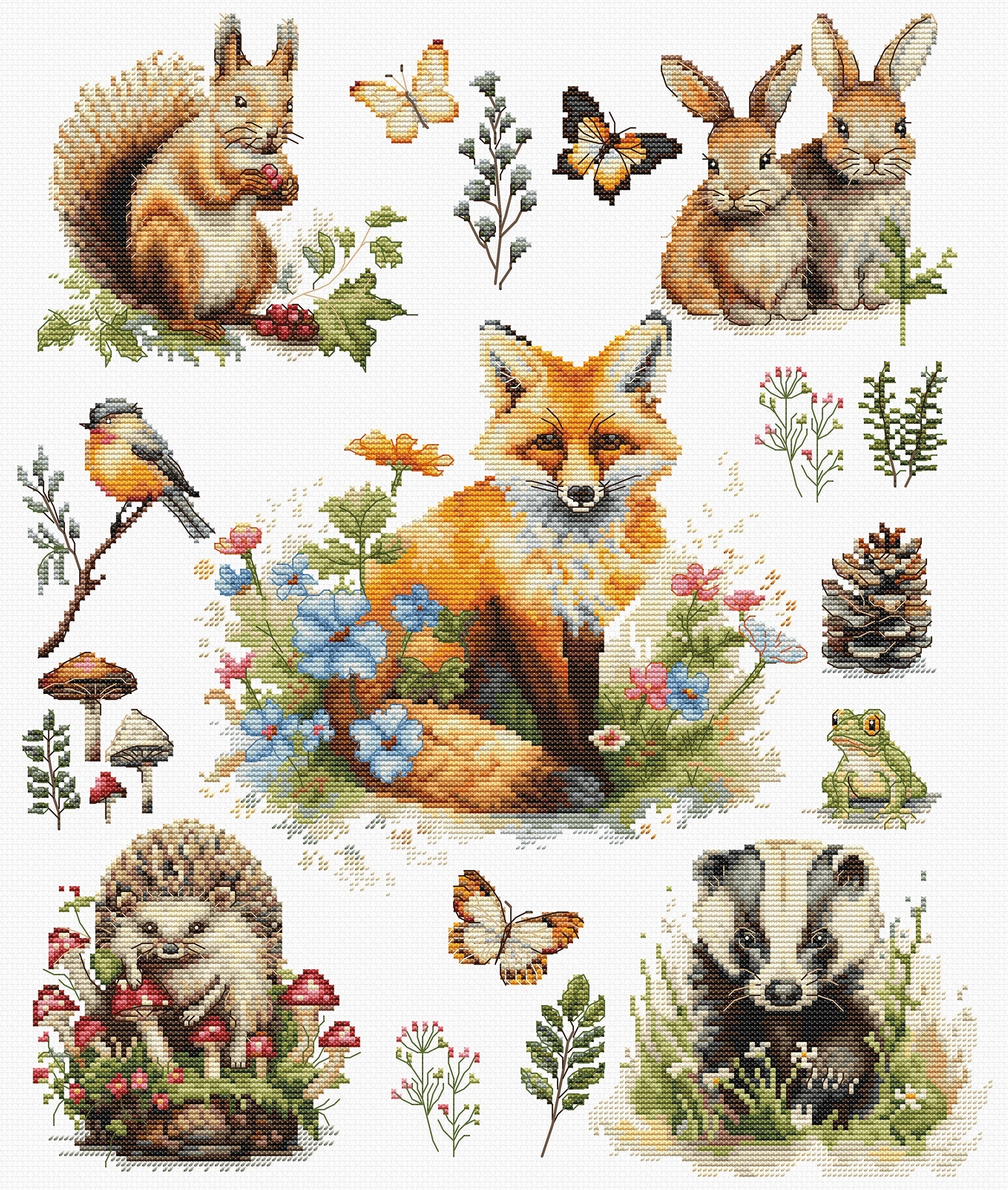 Collection of cross-stitch patterns featuring animals and nature elements on a white background.