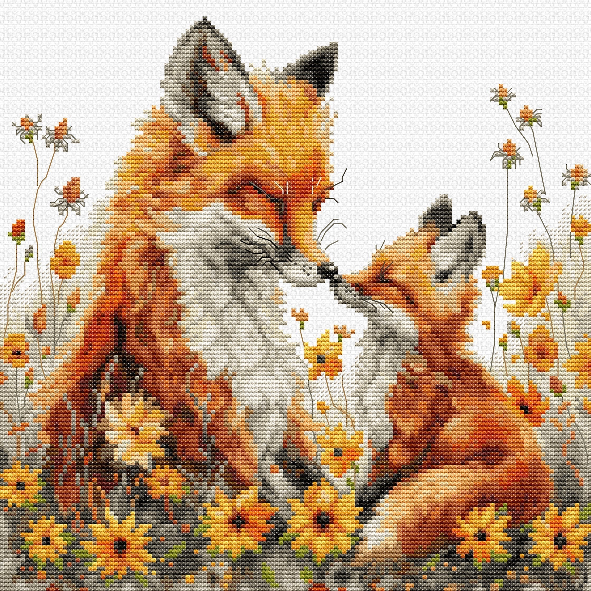 Cross-stitched design of two foxes among flowers on a white background