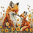 Cross-stitched design of two foxes among flowers on a white background