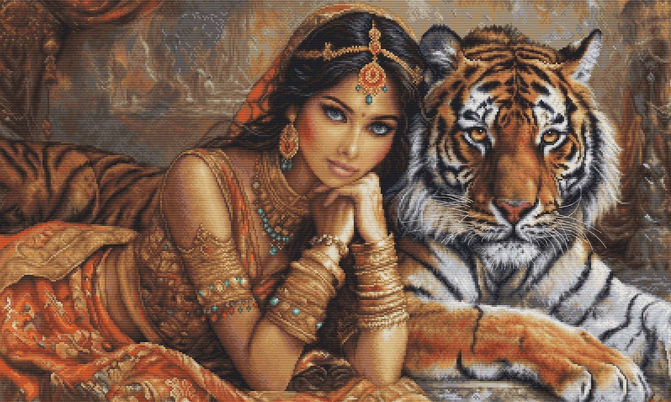 Woman in traditional attire sitting next to a tiger in a warm-toned setting