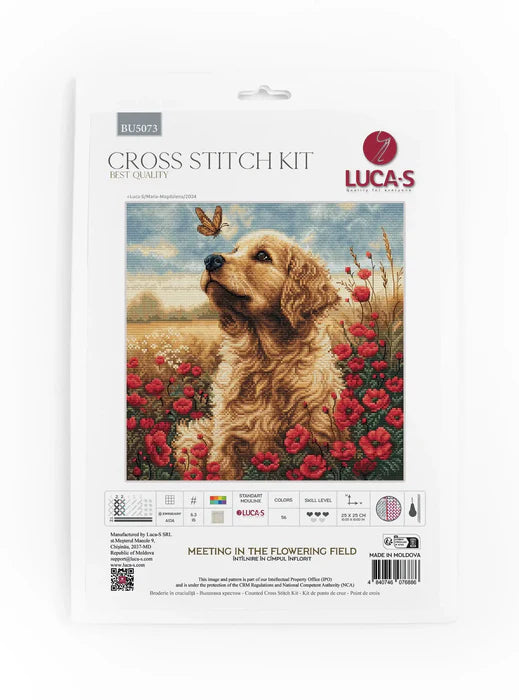 Lucas cross stitch kit packaging featuring a dog and flowers on a white background