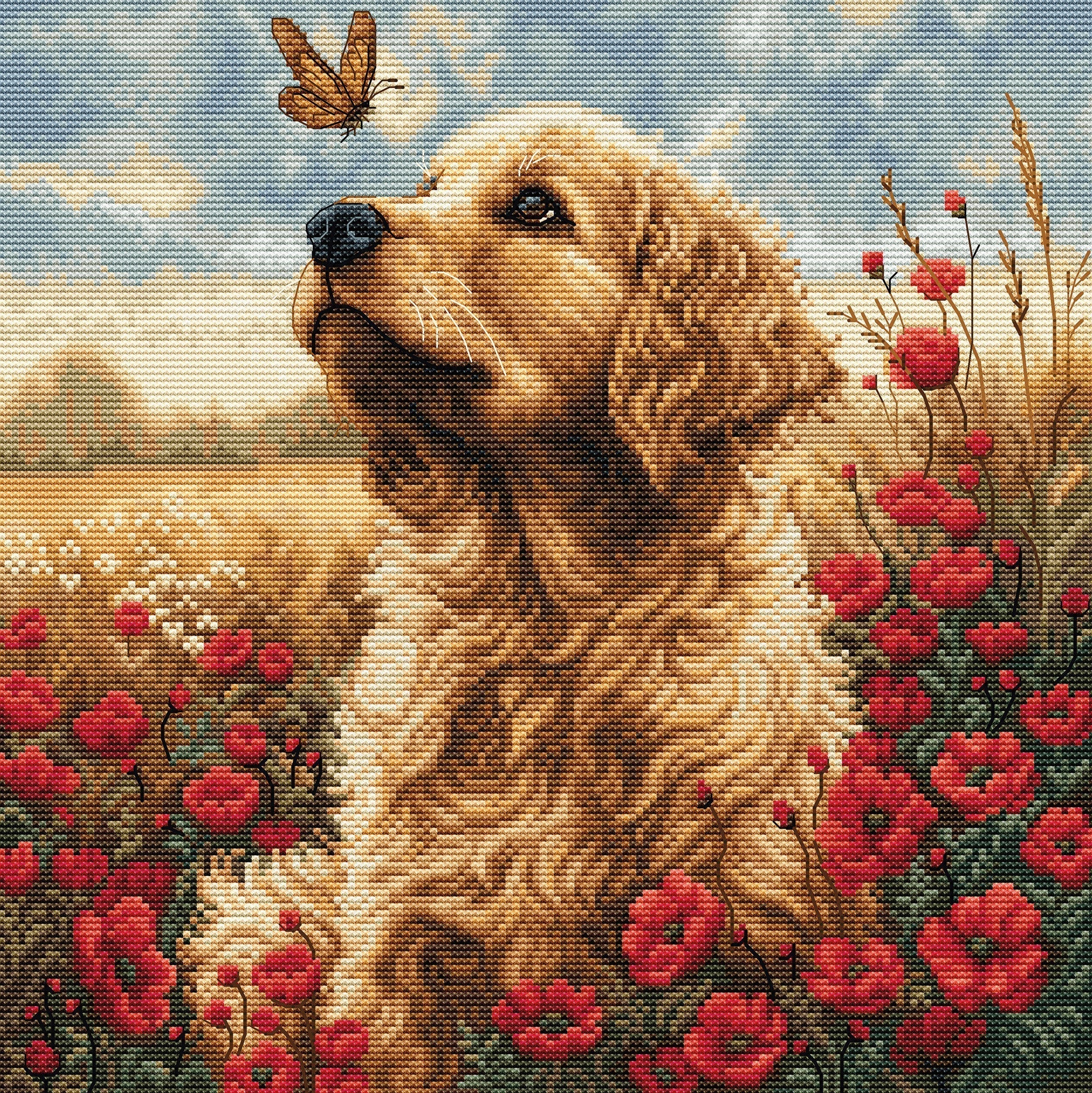 Painting of a dog surrounded by red flowers and a butterfly in a field.
