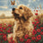 Painting of a dog surrounded by red flowers and a butterfly in a field.