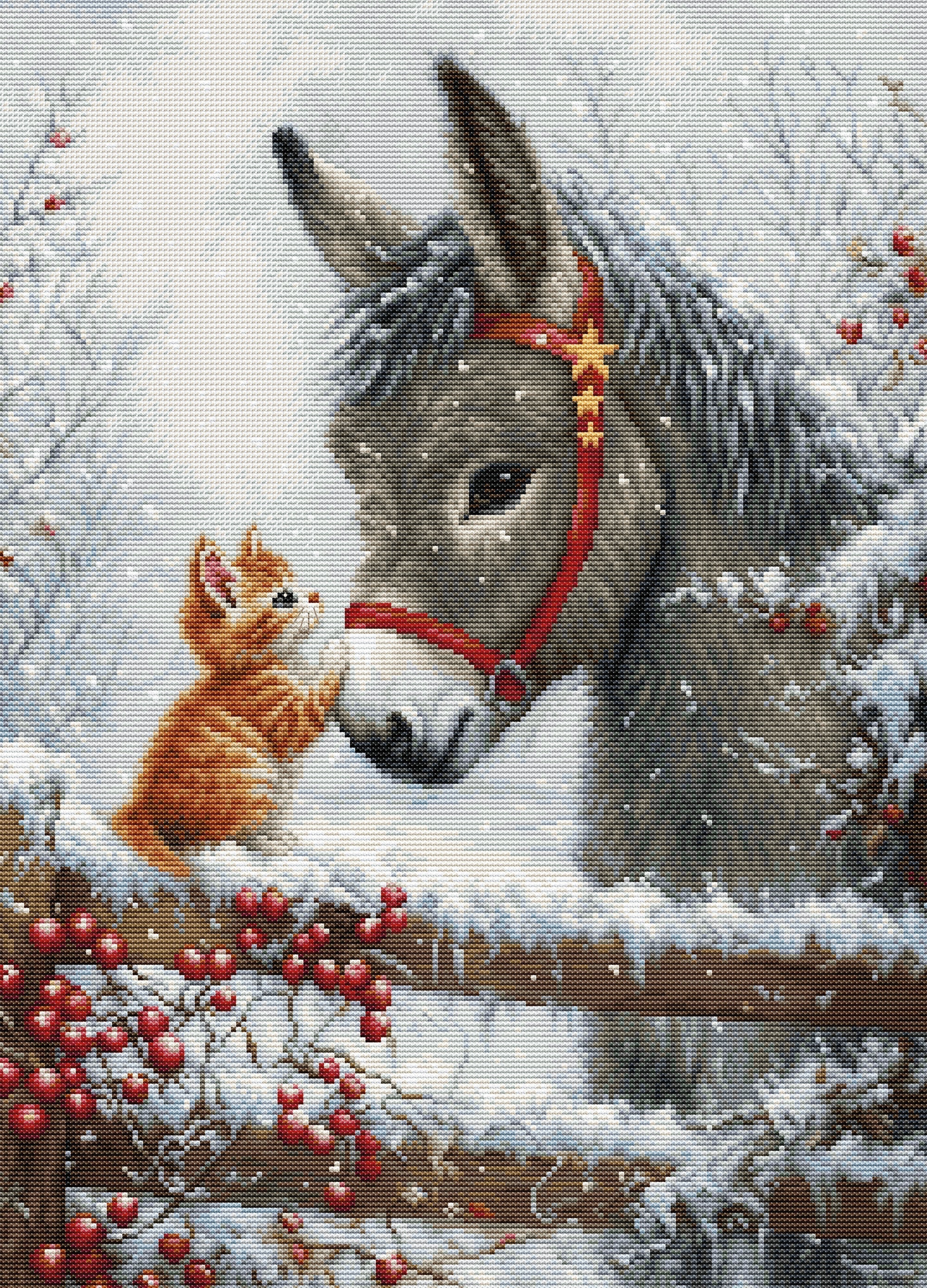 Donkey and cat in a snowy scene with berries