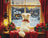 Dog sitting by a window with a snowy scene, Christmas decorations, and a lantern.