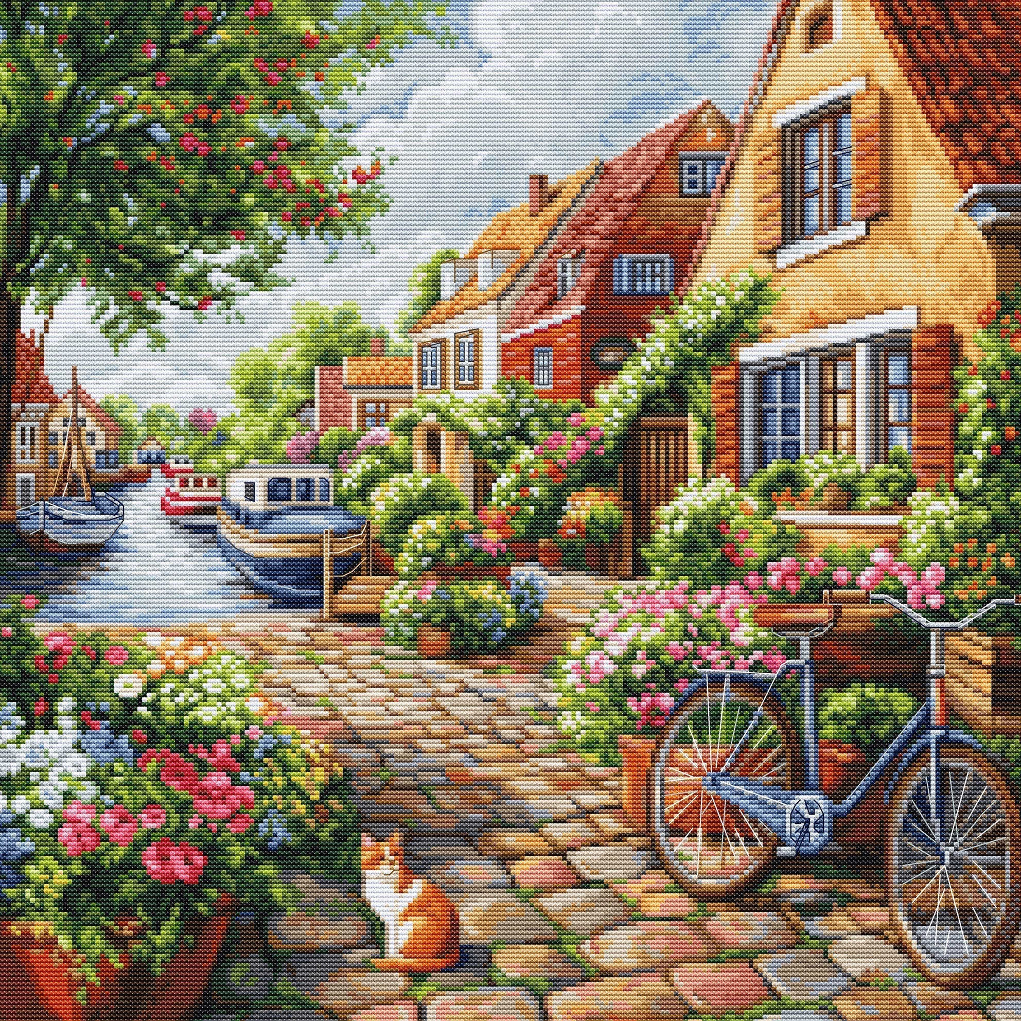 Painted scene of a quaint village with houses, a bicycle, and a cat on a cobblestone path.
