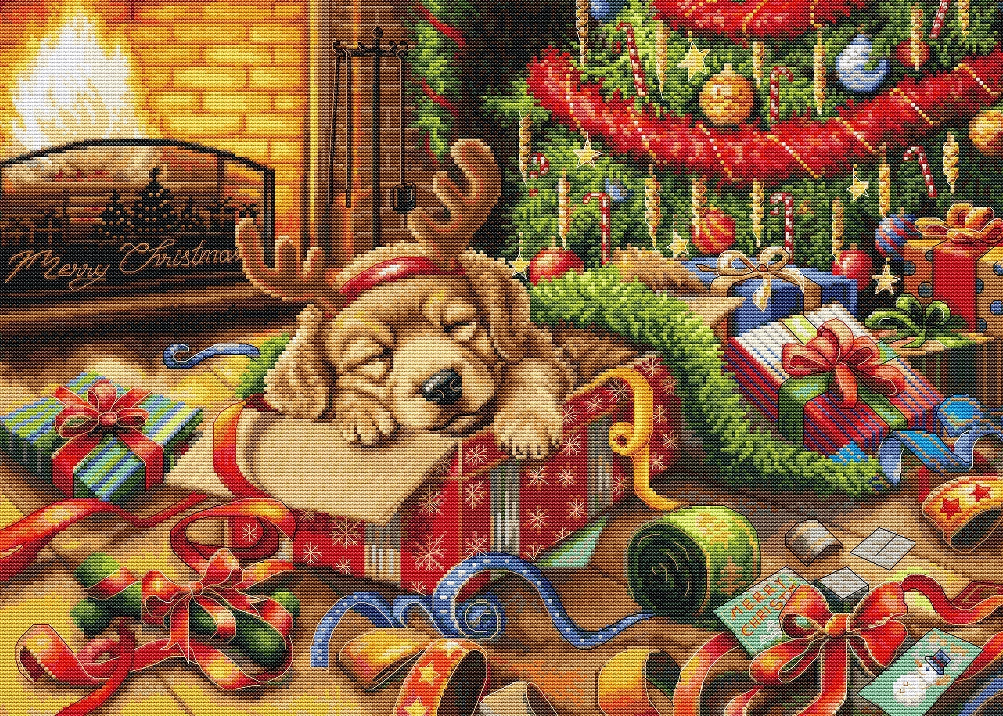 Decorative cross-stitch pattern of a dog in reindeer antlers surrounded by Christmas decorations and gifts.